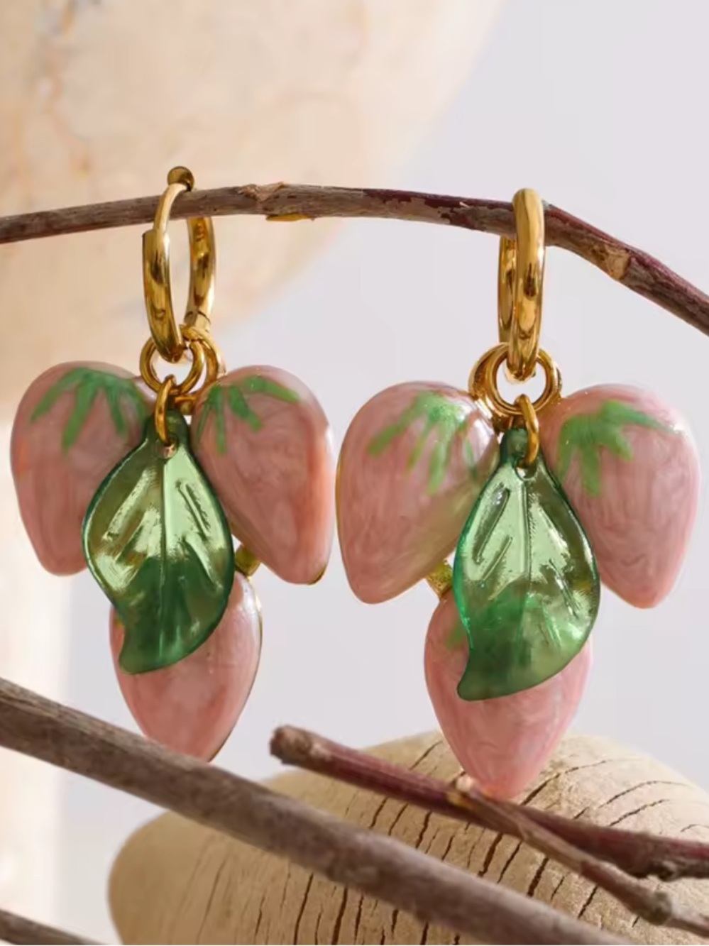 Pink Strawberry Gold Charm Earrings